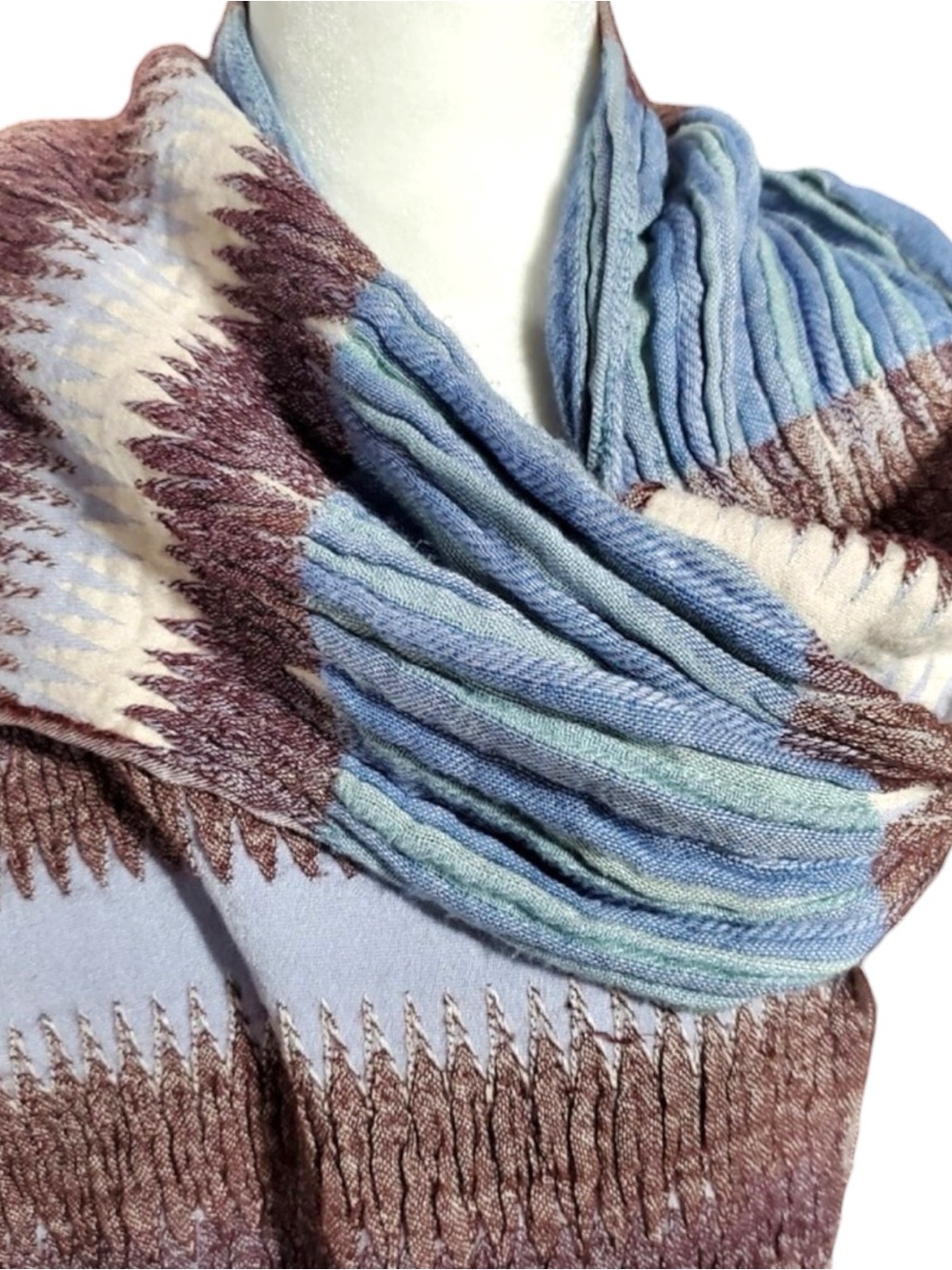 Chico’s Vintage 00s Blue/Brown Textured Chevron Zigzag Knit Oblong Scarf Fringe